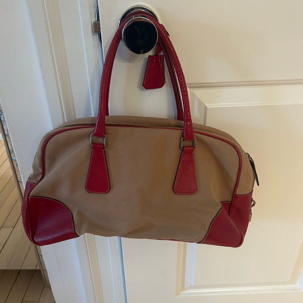 1990s Prada canvas and red leather XL bowler bag.